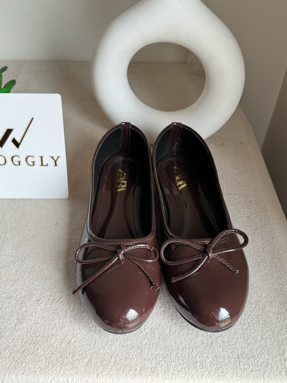 Zara Patent Bow Ballet Pumps – Brown