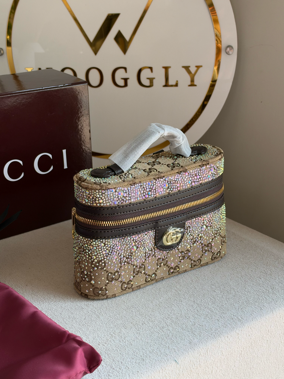 GG Supreme Crystal-Embellished Vanity Bag with Box Packing - Beige & Brown