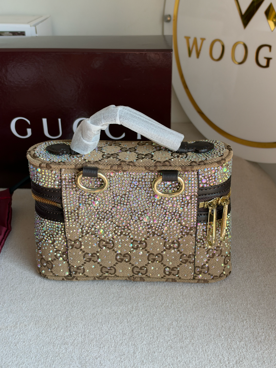 GG Supreme Crystal-Embellished Vanity Bag with Box Packing - Beige & Brown