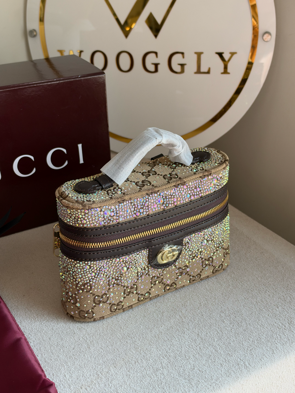 GG Supreme Crystal-Embellished Vanity Bag with Box Packing - Beige & Brown