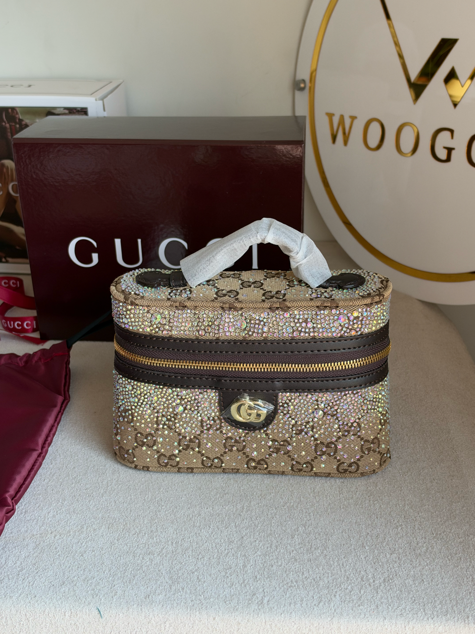 GG Supreme Crystal-Embellished Vanity Bag with Box Packing - Beige & Brown