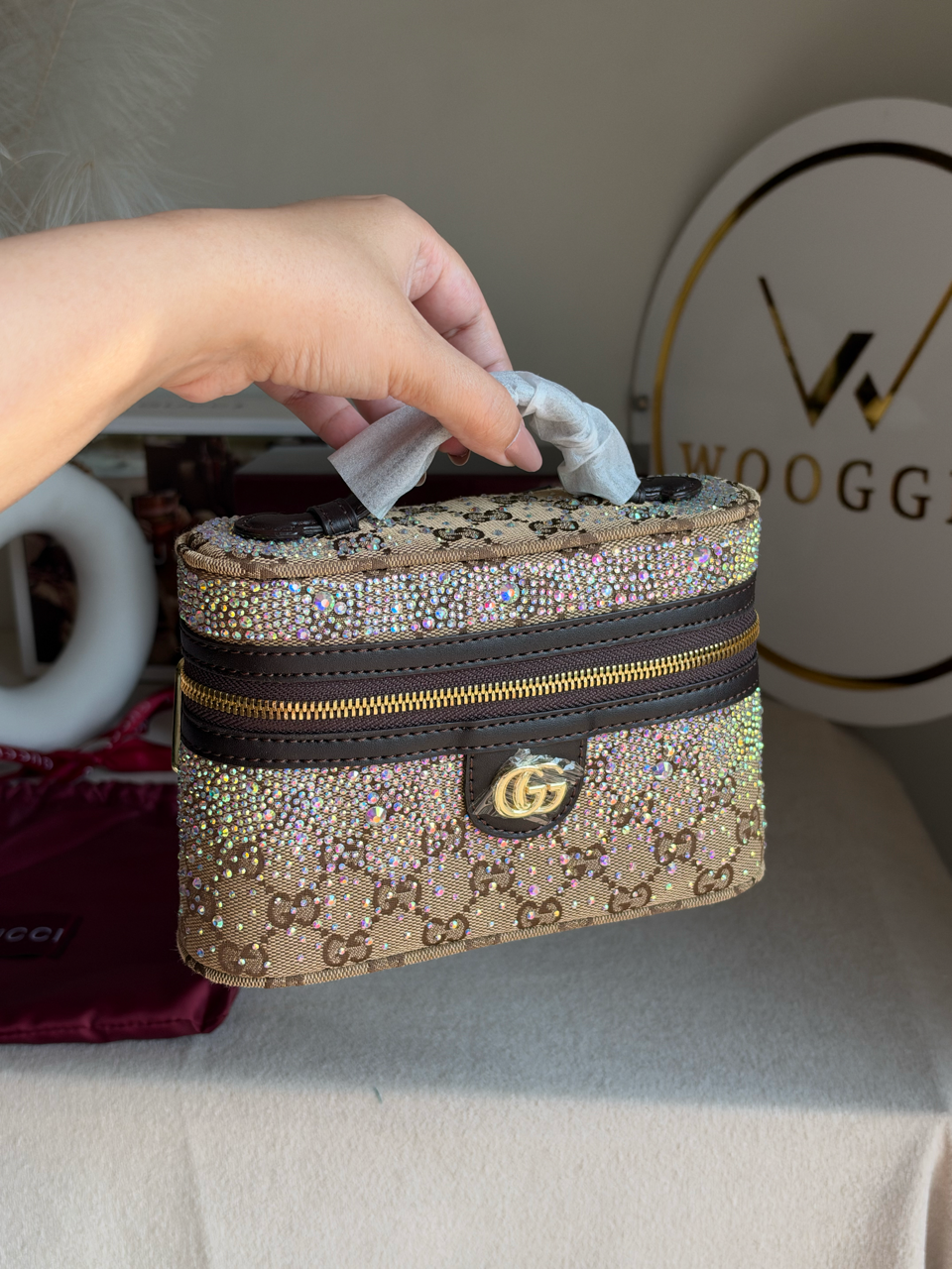 GG Supreme Crystal-Embellished Vanity Bag with Box Packing - Beige & Brown