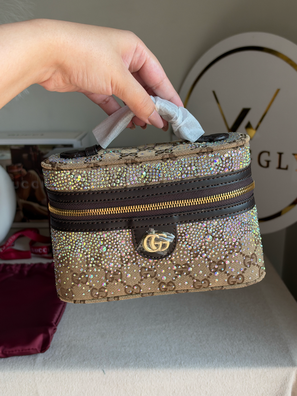 GG Supreme Crystal-Embellished Vanity Bag with Box Packing - Beige & Brown