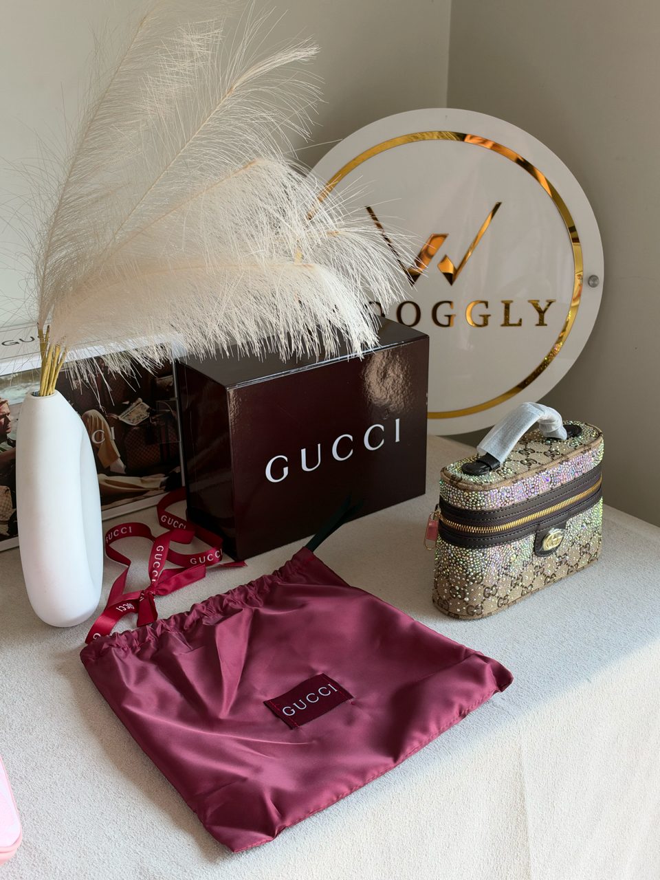 GG Supreme Crystal-Embellished Vanity Bag with Box Packing - Beige & Brown