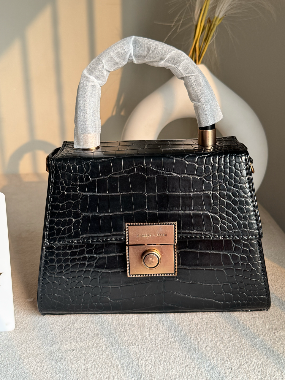 Charles & Keith Croc-Effect Structured Top-Handle Bag - Black