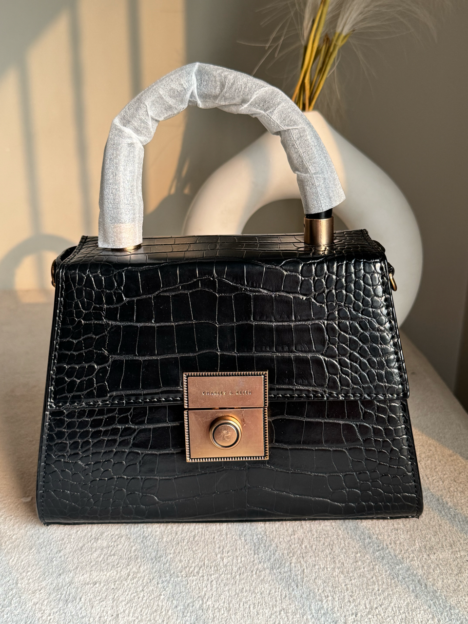 Charles & Keith Croc-Effect Structured Top-Handle Bag - Black