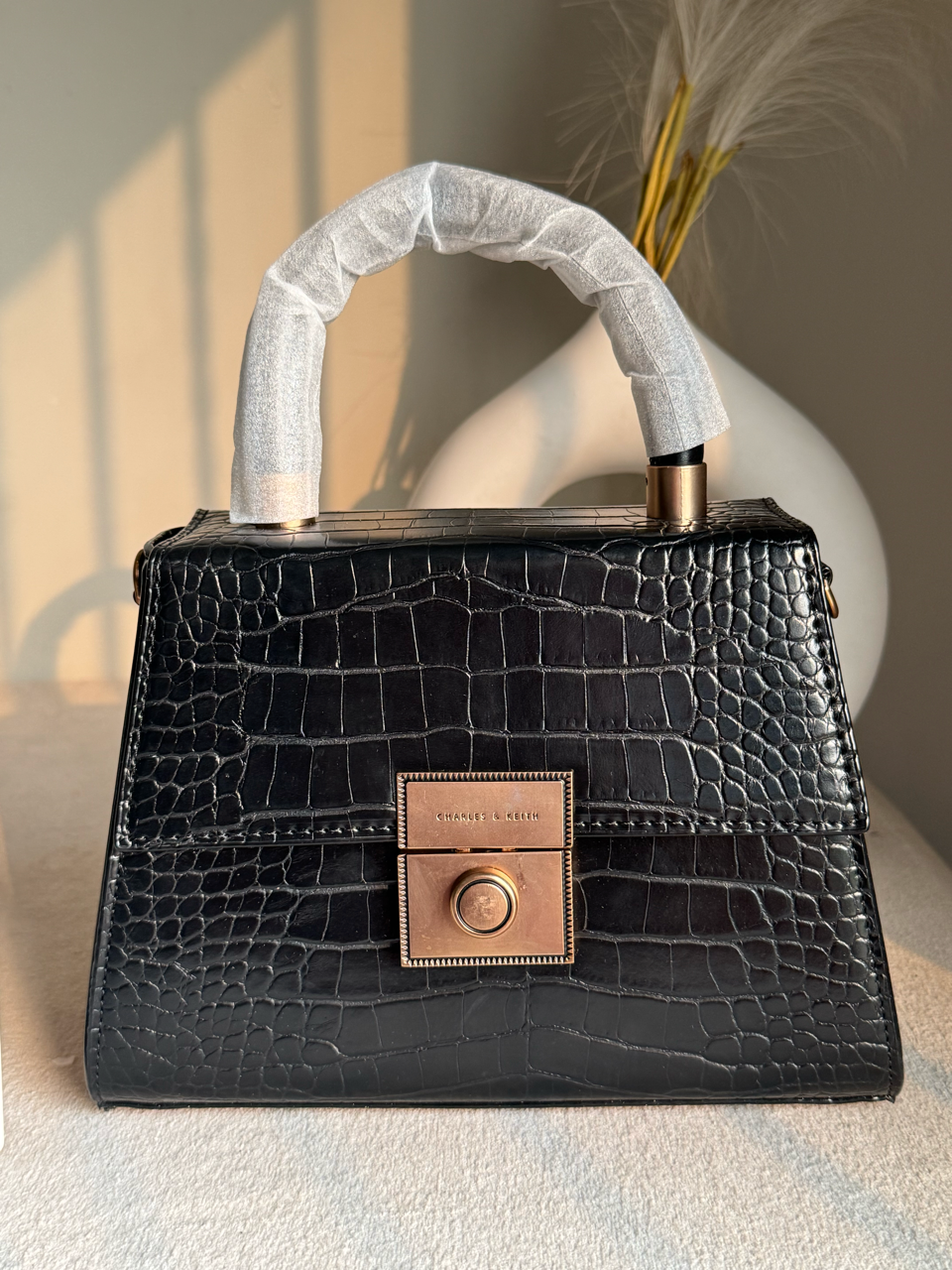 Charles & Keith Croc-Effect Structured Top-Handle Bag - Black