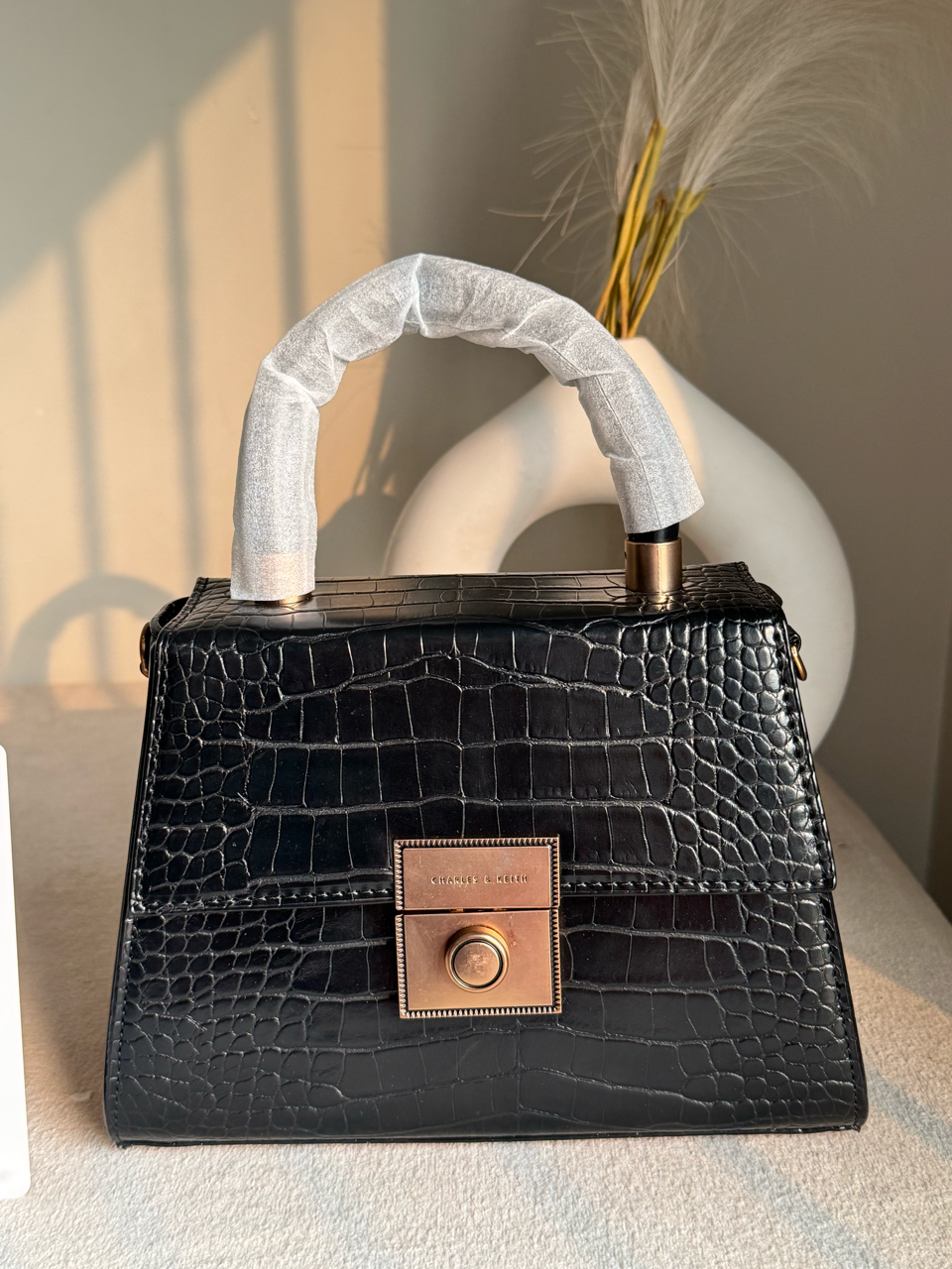 Charles & Keith Croc-Effect Structured Top-Handle Bag - Black
