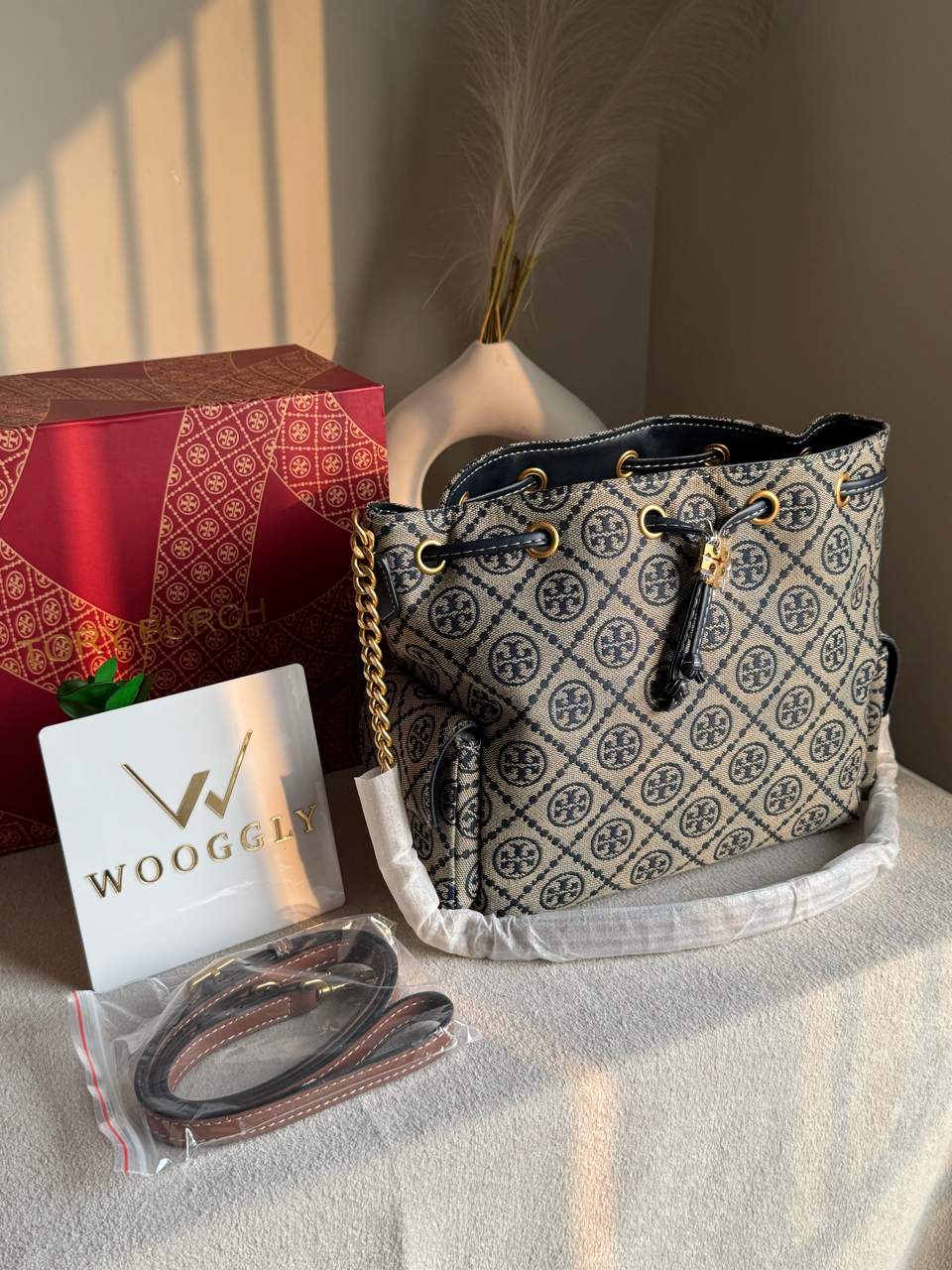 Viral Tory Burch Fleming Bag - Beige & Blue with Box Packing