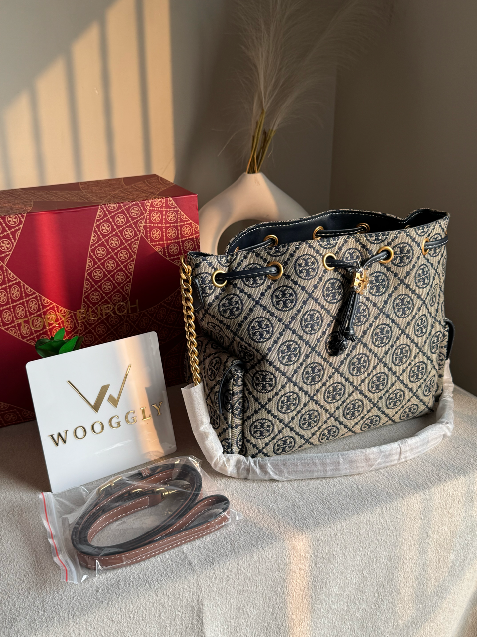 Viral Tory Burch Fleming Bag - Beige & Blue with Box Packing