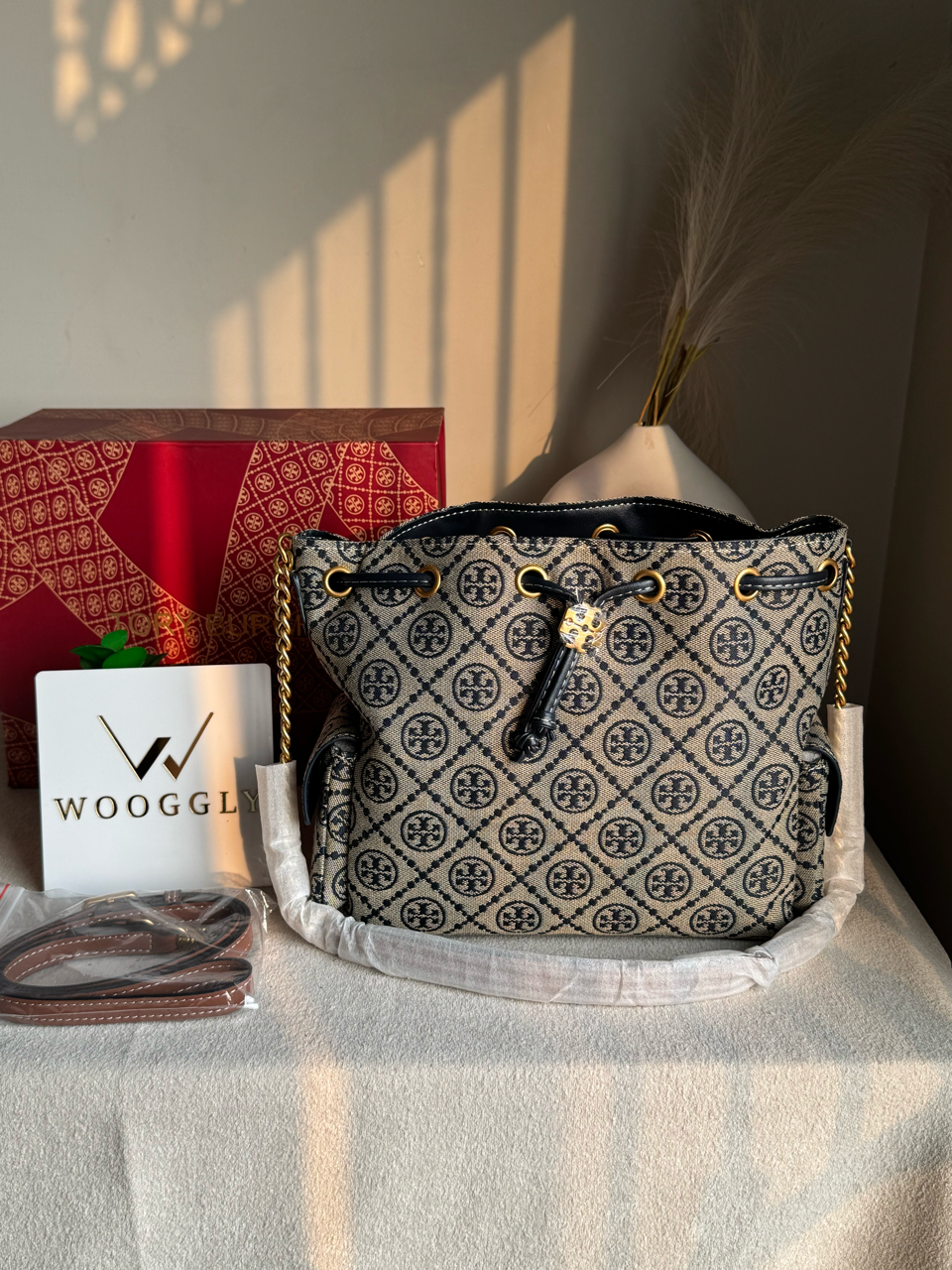 Viral Tory Burch Fleming Bag - Beige & Blue with Box Packing
