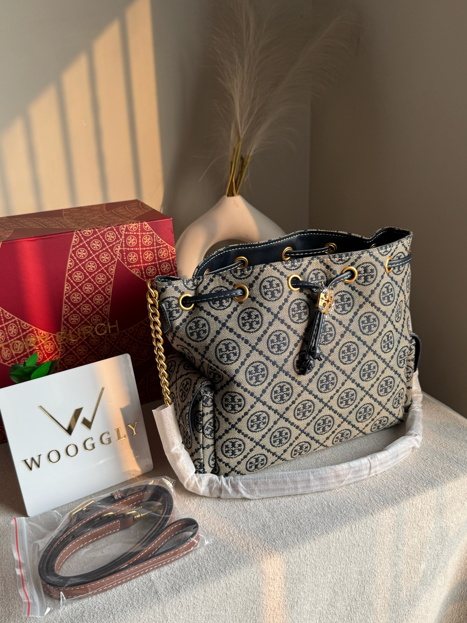 Viral Tory Burch Fleming Bag - Beige & Blue with Box Packing