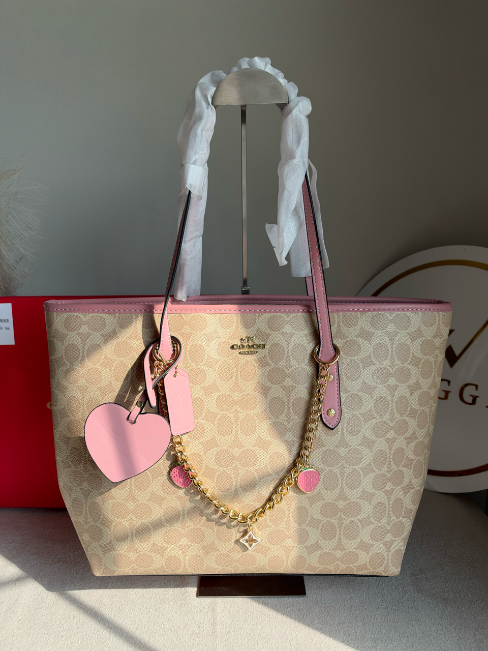 High Quality Tote Bag with Charms & Chain (Box Packing) - Beige