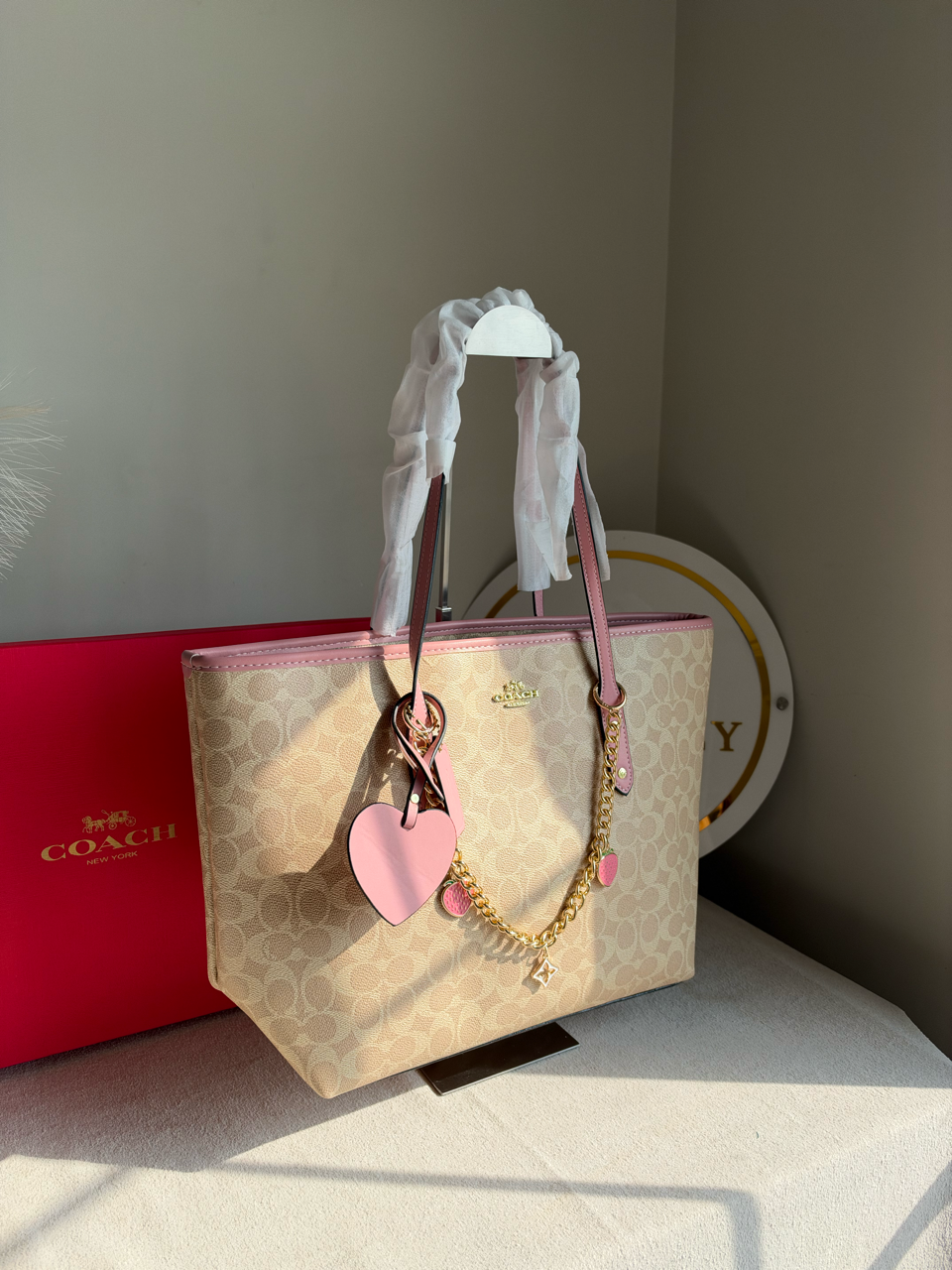 High Quality Tote Bag with Charms & Chain (Box Packing) - Beige