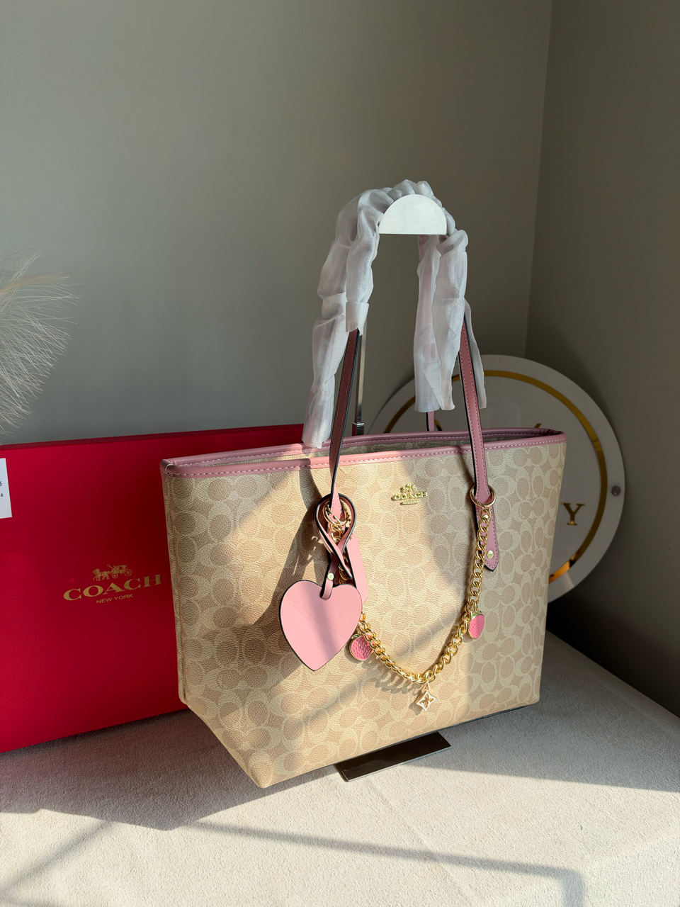 High Quality Tote Bag with Charms & Chain (Box Packing) - Beige