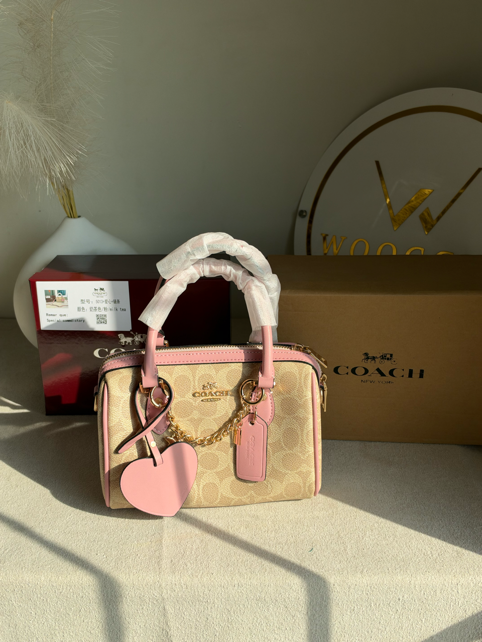 Rowan Satchel With Chains & Charm Box Packing (Medium Size) - Beige & Pink
