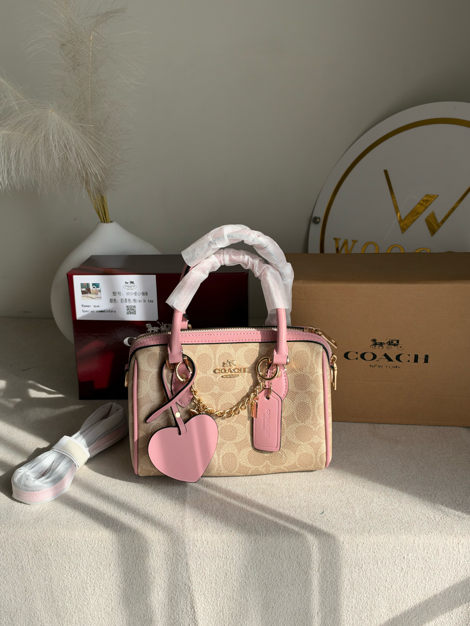 Rowan Satchel With Chains & Charm Box Packing (Medium Size) - Beige & Pink