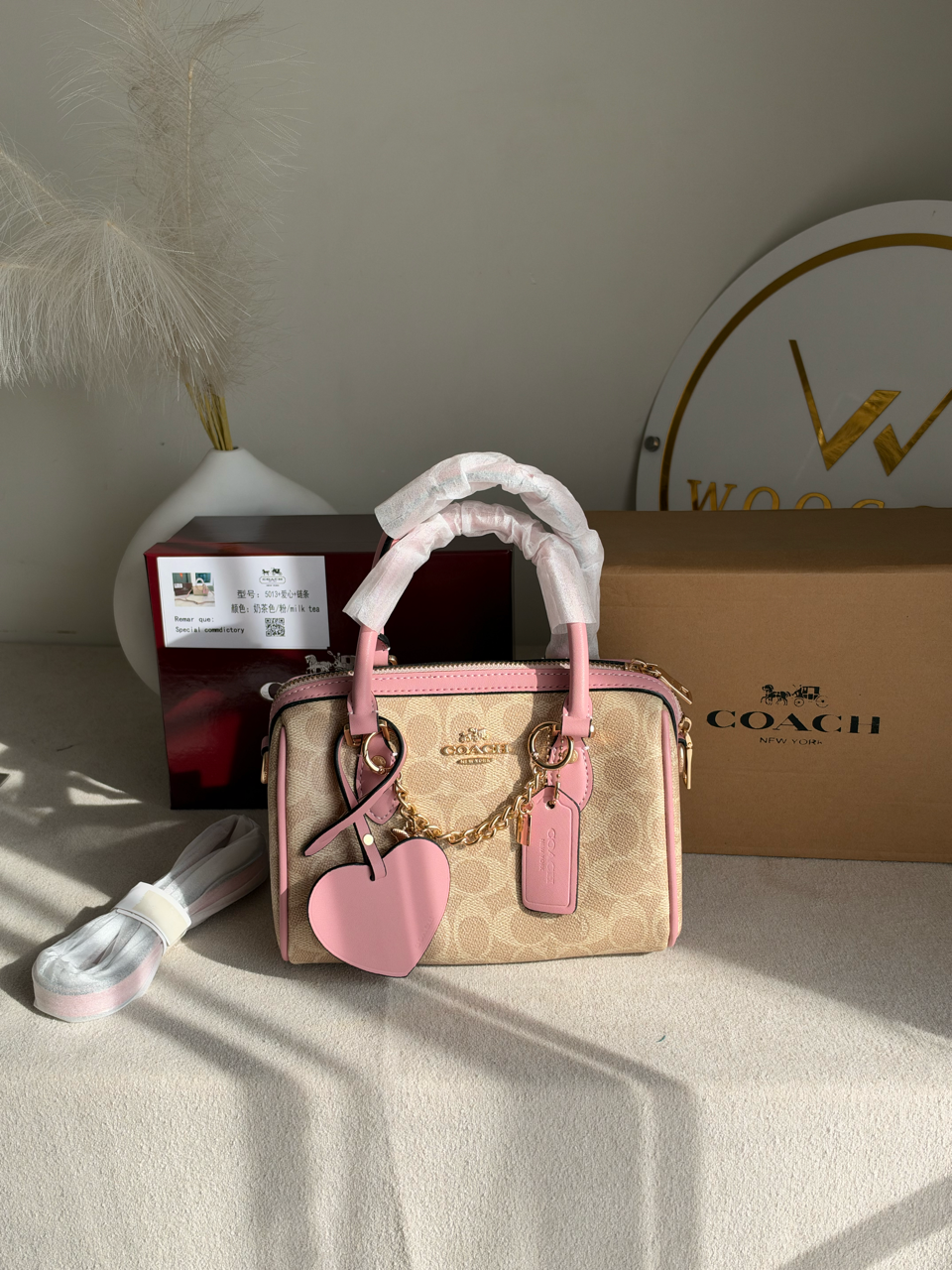 Rowan Satchel With Chains & Charm Box Packing (Medium Size) - Beige & Pink
