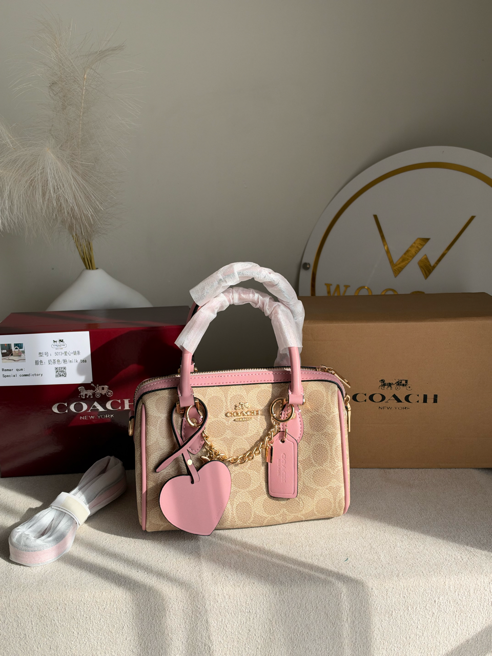 Rowan Satchel With Chains & Charm Box Packing (Medium Size) - Beige & Pink