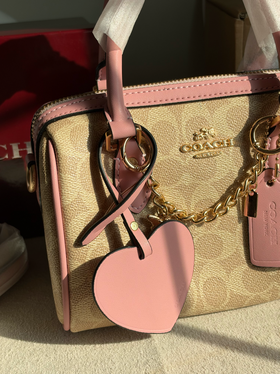 Rowan Satchel With Chains & Charm Box Packing (Medium Size) - Beige & Pink