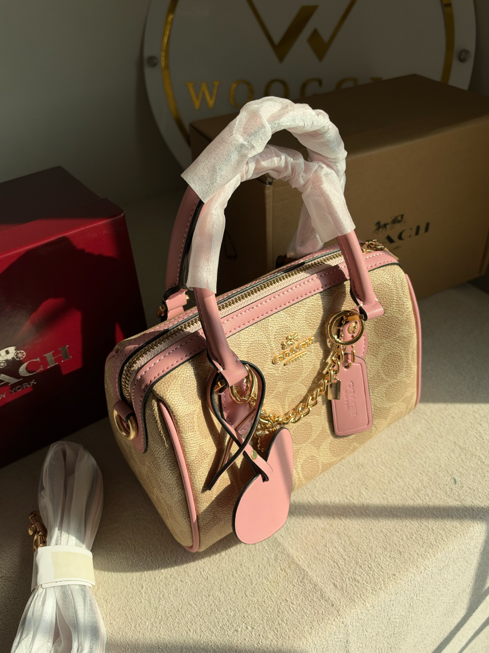 Rowan Satchel With Chains & Charm Box Packing (Medium Size) - Beige & Pink