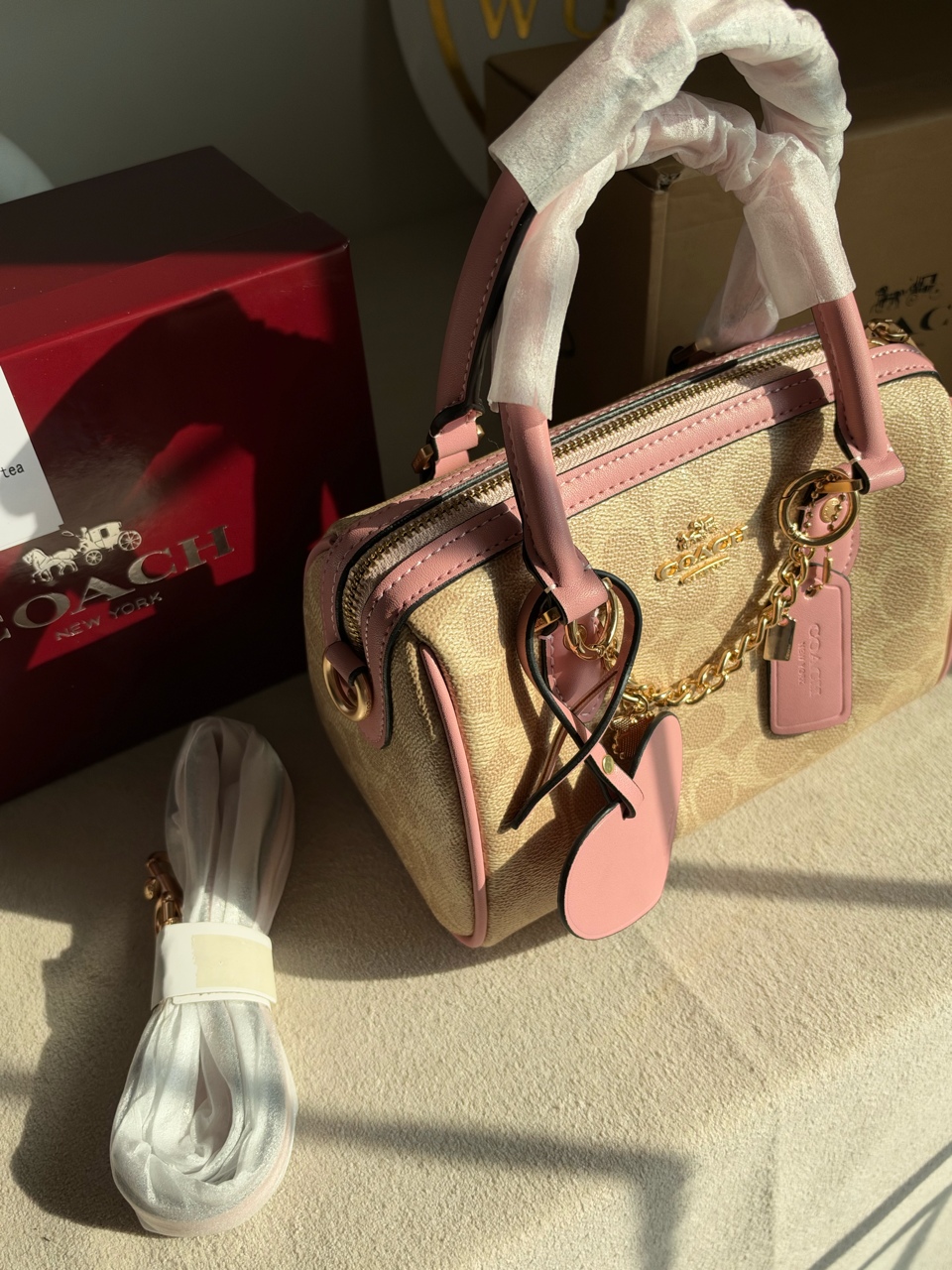 Rowan Satchel With Chains & Charm Box Packing (Medium Size) - Beige & Pink