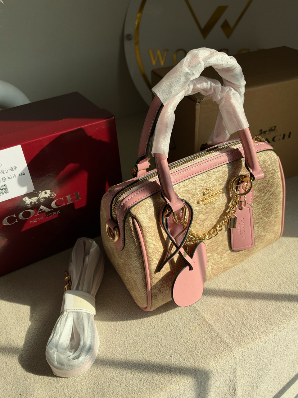 Rowan Satchel With Chains & Charm Box Packing (Medium Size) - Beige & Pink