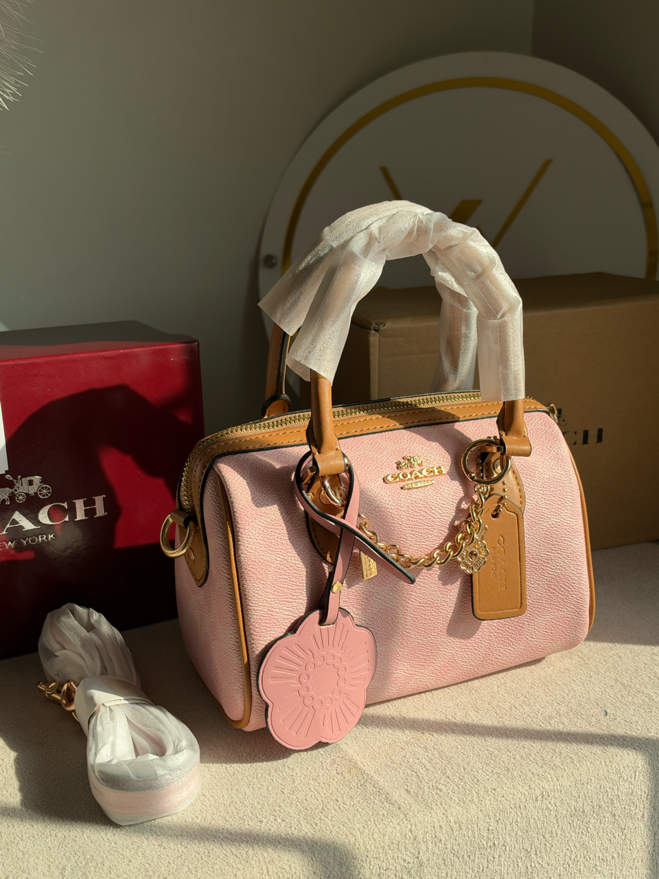 Rowan Satchel With Chains & Charm Box Packing (Medium Size) - Pink
