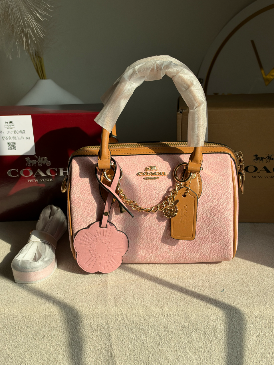 Rowan Satchel With Chains & Charm Box Packing (Medium Size) - Pink