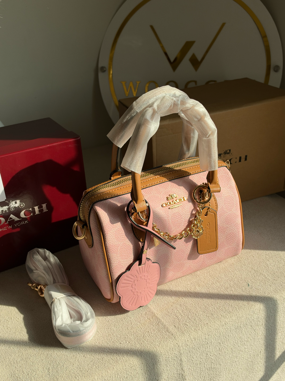 Rowan Satchel With Chains & Charm Box Packing (Medium Size) - Pink