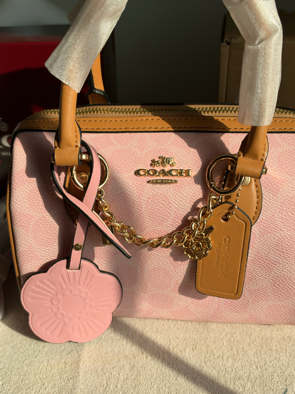 Rowan Satchel With Chains & Charm Box Packing (Medium Size) - Pink