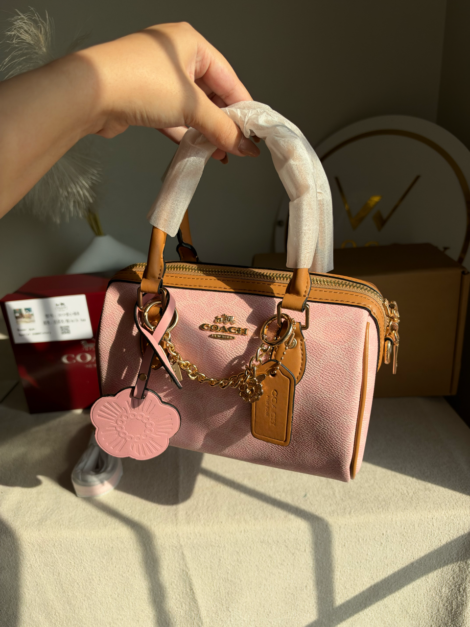 Rowan Satchel With Chains & Charm Box Packing (Medium Size) - Pink