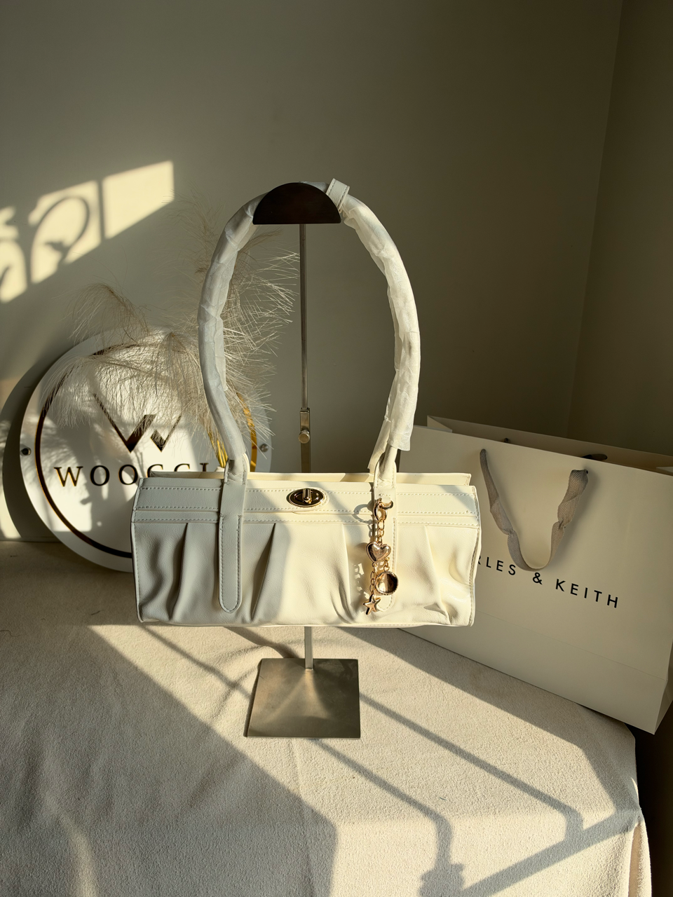 Ruched Shoulder Bag with Heart Charm With C & K Paper Bag - White