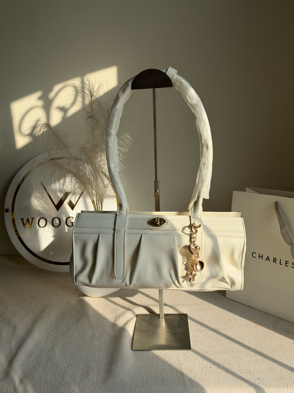Ruched Shoulder Bag with Heart Charm With C & K Paper Bag - White