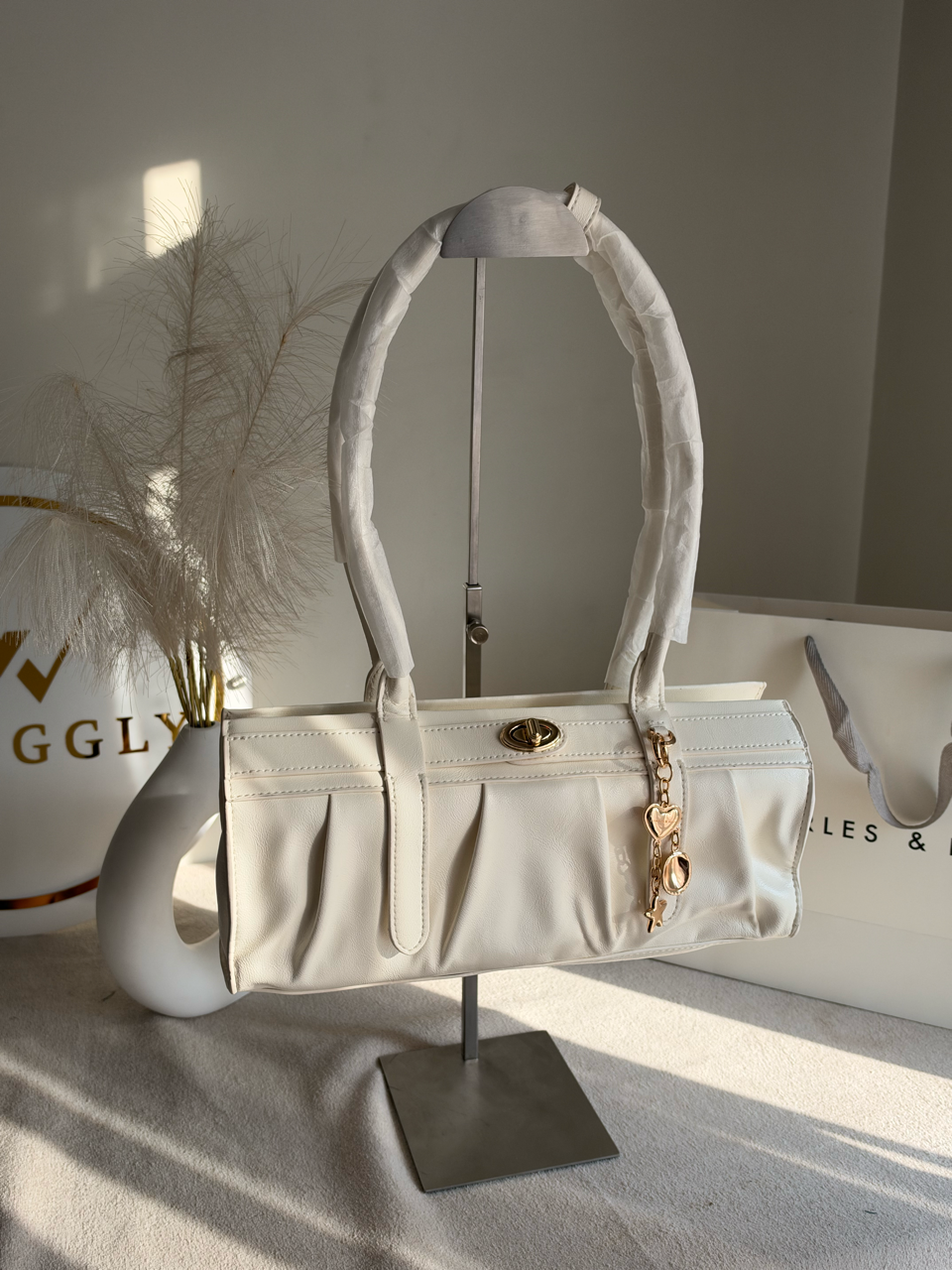Ruched Shoulder Bag with Heart Charm With C & K Paper Bag - White