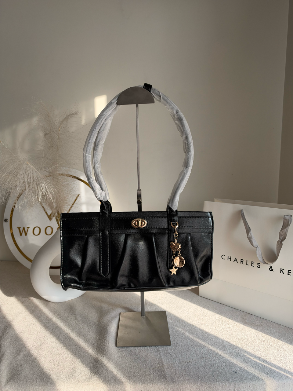 Ruched Shoulder Bag with Heart Charm With C & K Paper Bag - Black