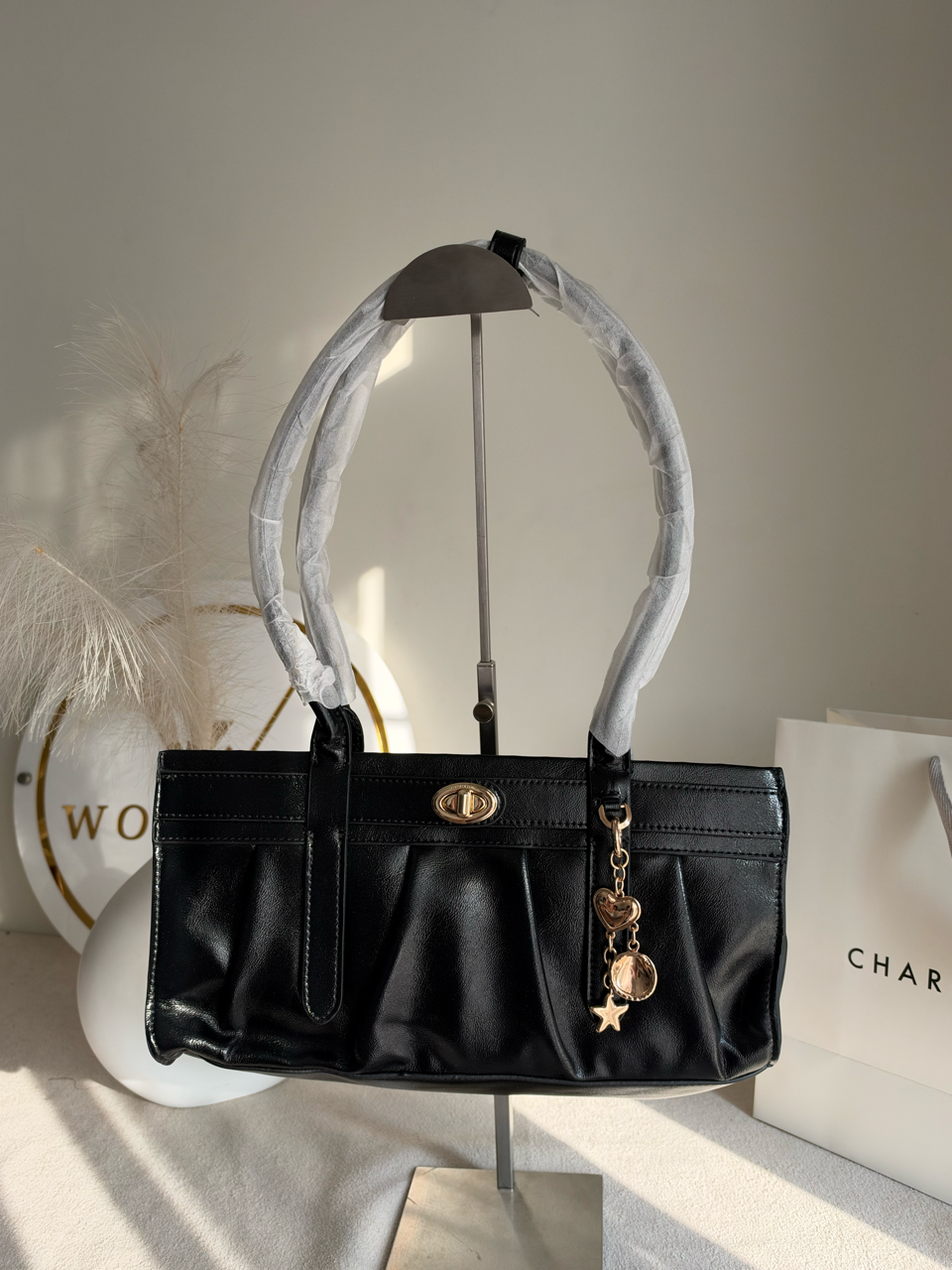 Ruched Shoulder Bag with Heart Charm With C & K Paper Bag - Black