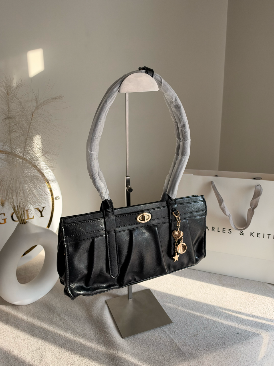 Ruched Shoulder Bag with Heart Charm With C & K Paper Bag - Black