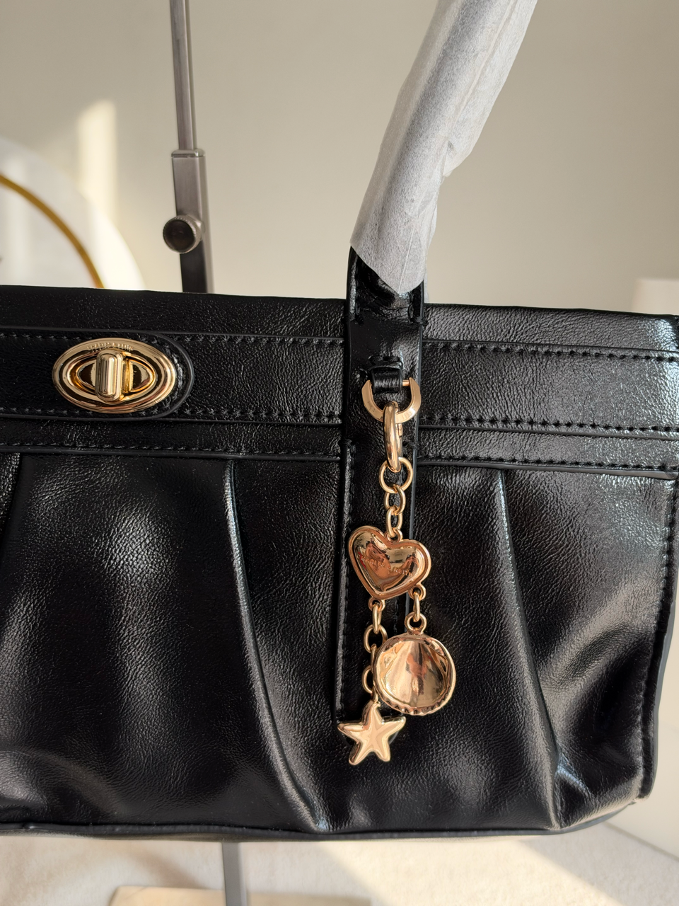 Ruched Shoulder Bag with Heart Charm With C & K Paper Bag - Black