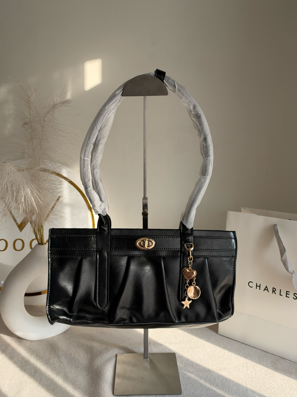 Ruched Shoulder Bag with Heart Charm With C & K Paper Bag - Black