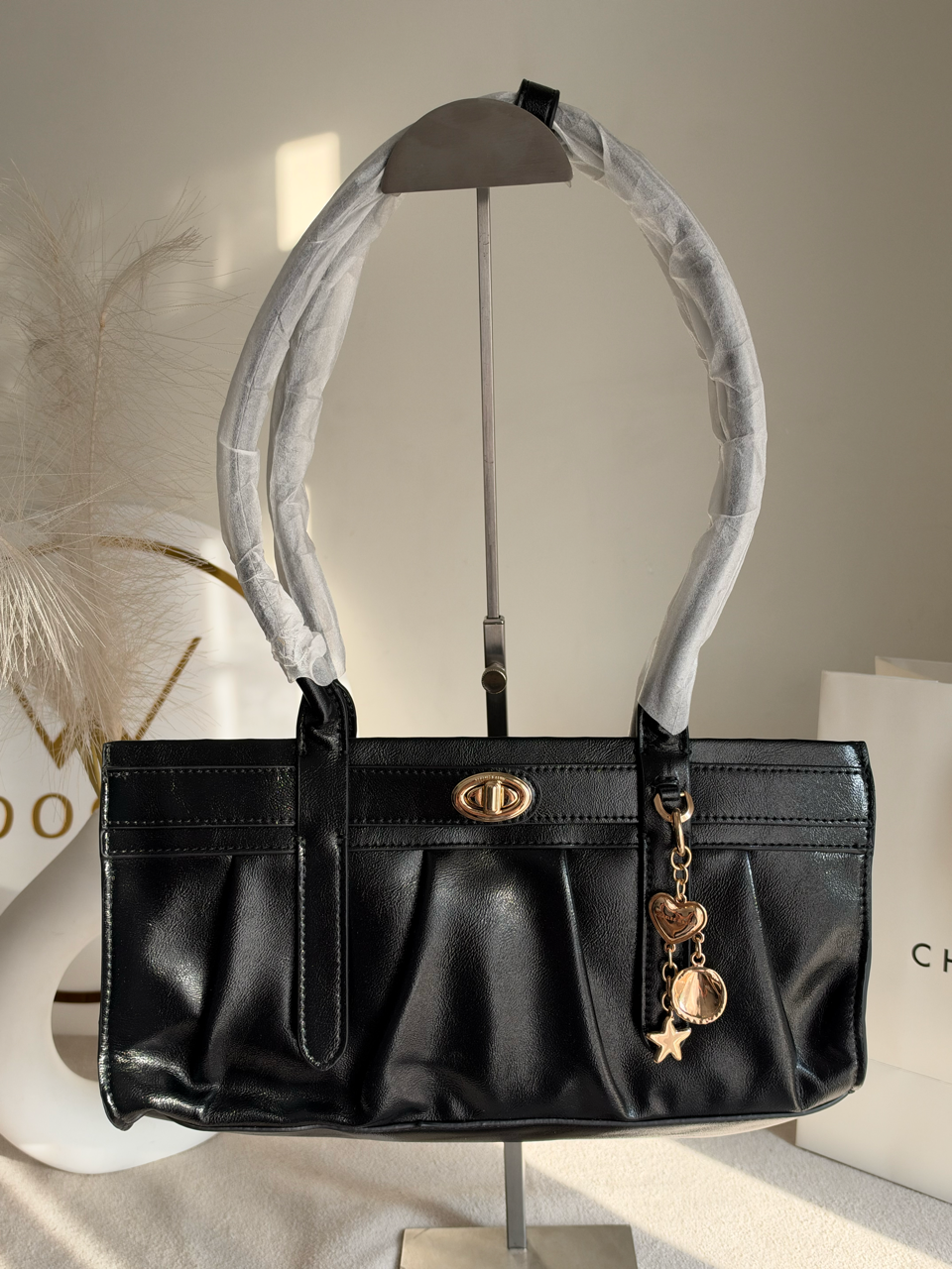 Ruched Shoulder Bag with Heart Charm With C & K Paper Bag - Black