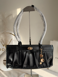 Ruched Shoulder Bag with Heart Charm With C & K Paper Bag - Black