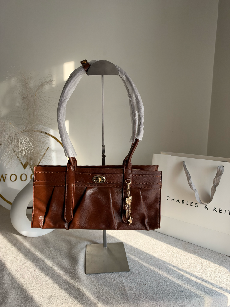 Ruched Shoulder Bag with Heart Charm With C & K Paper Bag - Brown
