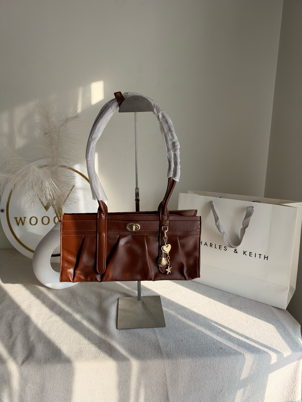 Ruched Shoulder Bag with Heart Charm With C & K Paper Bag - Brown