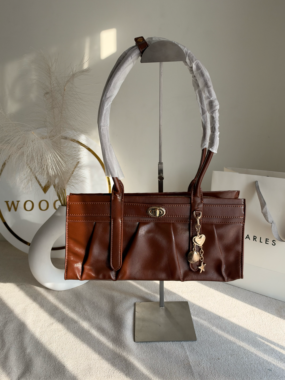Ruched Shoulder Bag with Heart Charm With C & K Paper Bag - Brown