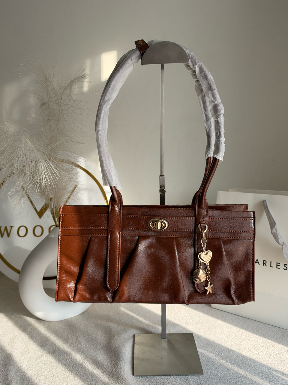Ruched Shoulder Bag with Heart Charm With C & K Paper Bag - Brown