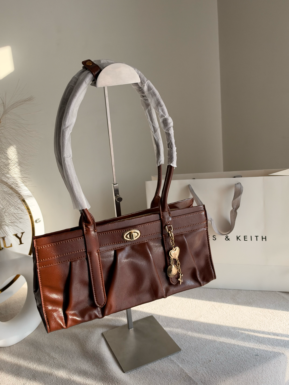 Ruched Shoulder Bag with Heart Charm With C & K Paper Bag - Brown