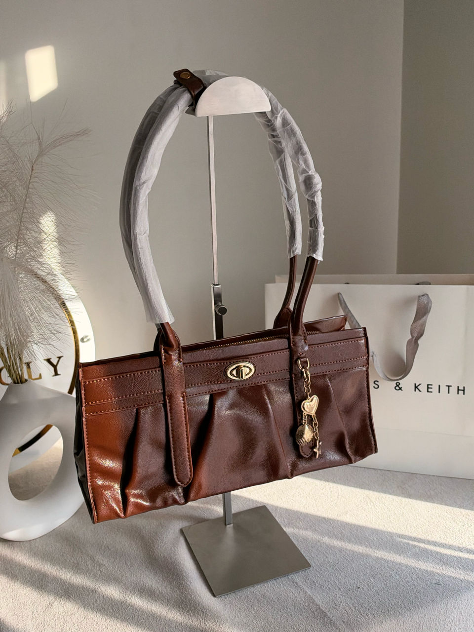 Ruched Shoulder Bag with Heart Charm With C & K Paper Bag - Brown