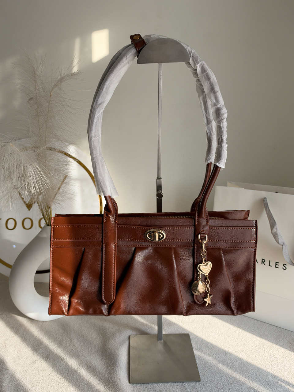 Ruched Shoulder Bag with Heart Charm With C & K Paper Bag - Brown