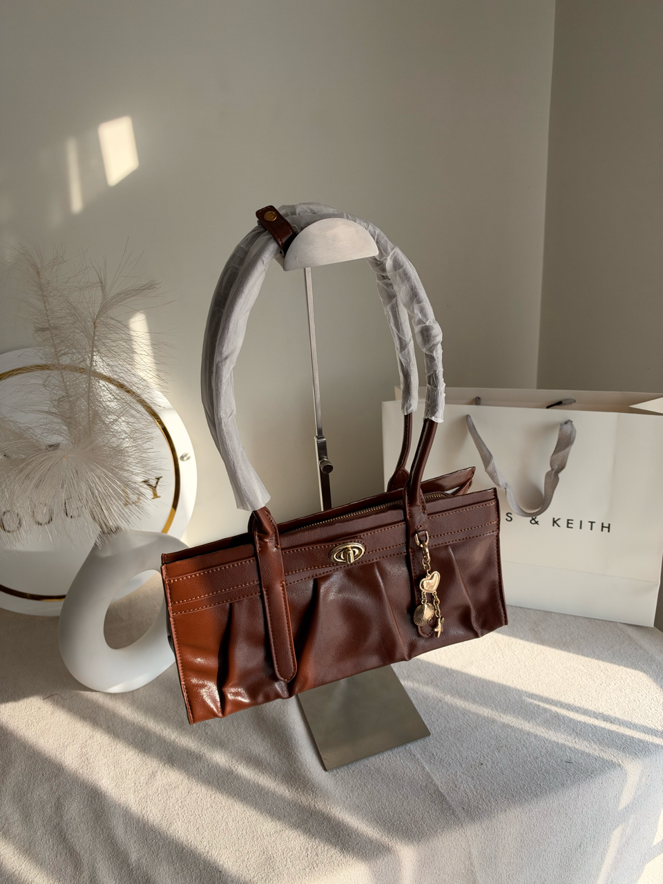 Ruched Shoulder Bag with Heart Charm With C & K Paper Bag - Brown